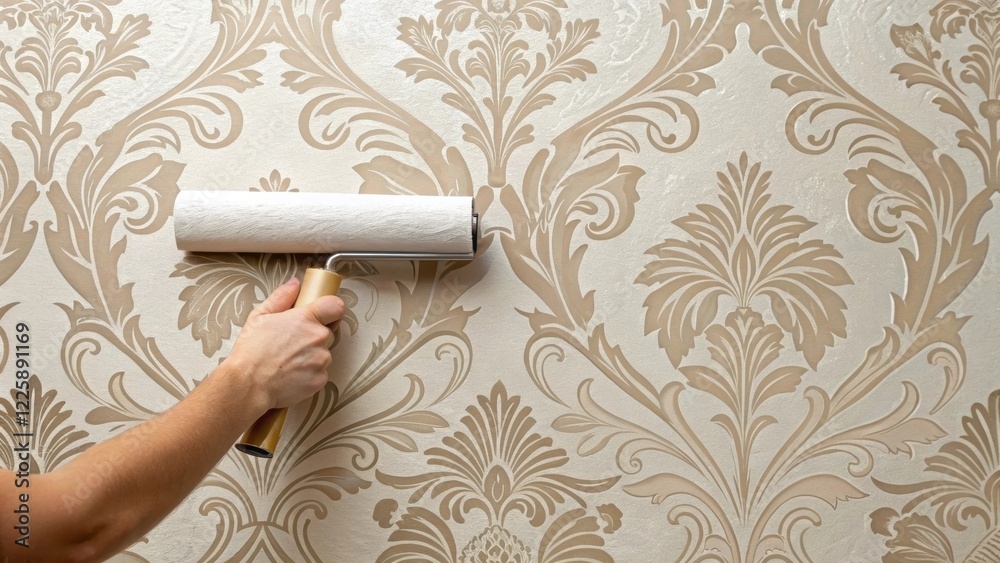 Poster a medium closeup of wallpaper being carefully applied to a wall capturing the smoothness of the fres