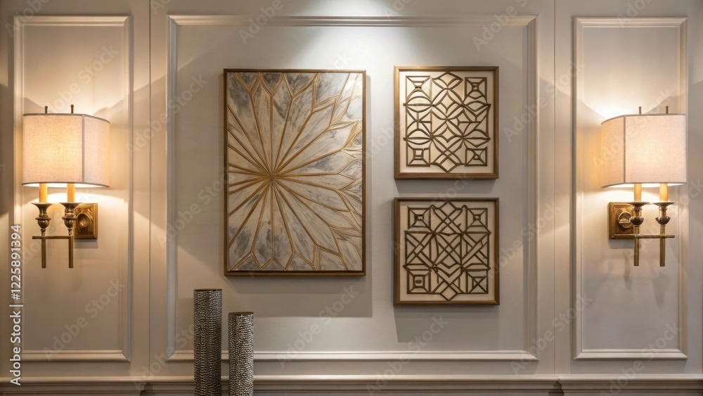 Poster a medium closeup showcasing decorative wall features including modern artwork and ambient sconces th