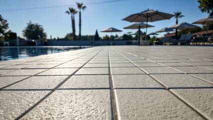 A medium closeup shot of a newlyinstalled antislip pool deck surface showcasing textured tiles under a sunlit sky with shadows cast from surrounding umbrellas.