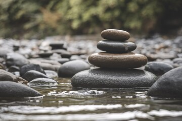 Tranquil Riverbank with Stone Cairn. A serene riverbank scene featuring a balanced stone cairn amidst smooth pebbles, with lush greenery and clear, flowing water in the background.