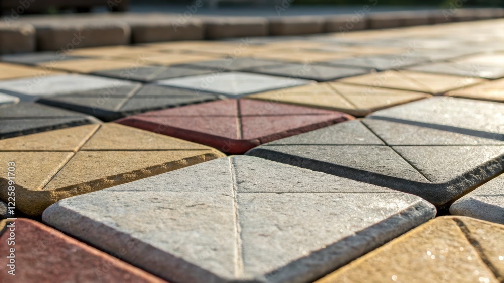 Poster An artistic closeup of various paving stones arranged in a visually striking geometric design capturing the interplay of light and shadow on the surfaces.