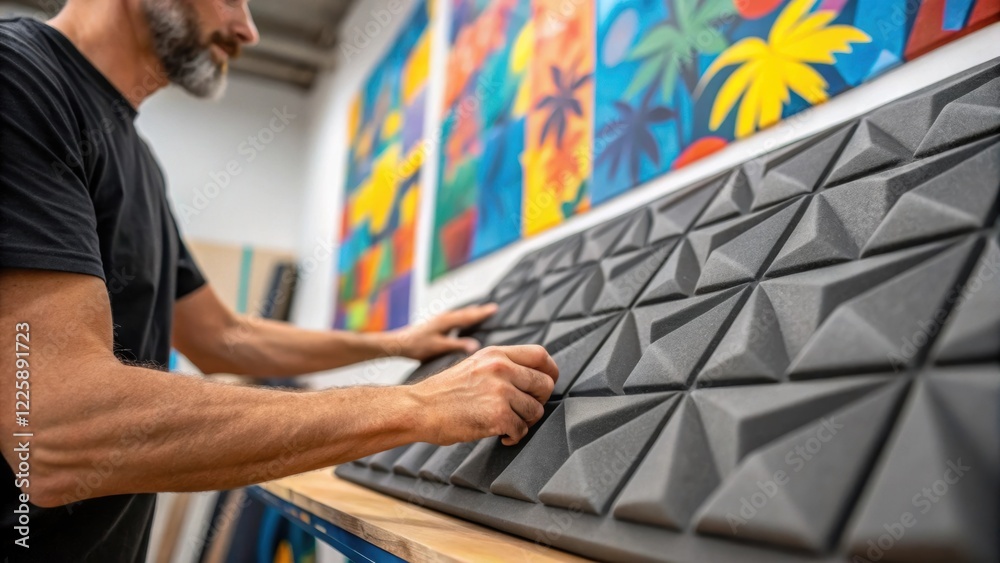 Aufkleber An artisans hands showcasing installation techniques as they confidently align a soundabsorbing panel with precision with a vibrant mural visible on the adjacent wall.