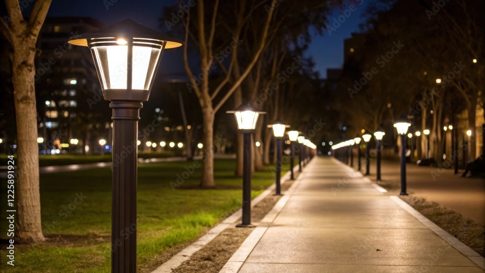 Poster A nighttime shot showcasing a row of illuminated solar streetlights casting soft light on a walking path creating a safe and inviting atmosphere in the public space.