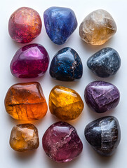Colorful tumbled stones arranged on white background; spiritual, healing, or decorative use