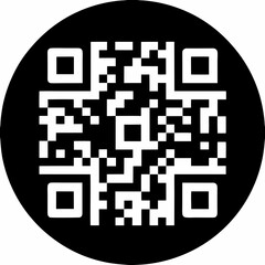 Black and white QR code on circular black background. Clean, high-contrast scannable matrix barcode. Concept of digital payment, mobile scanning, contactless technology.
