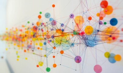 Connected colored circles with many linear abstract lines.