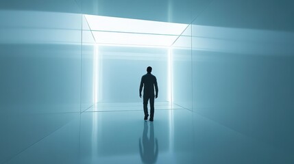 A silhouette of a person walking towards a bright, glowing entrance in a minimalistic space