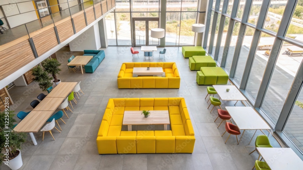 Poster An overhead view of a partially arranged coworking space highlighting the blend of natural light filtering through large windows and the bright modular furniture tered throughout.
