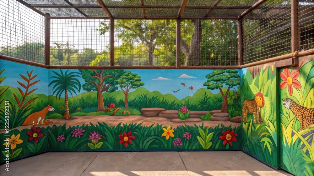 Poster an upclose shot of a painted mural depicting a natural habitat on the inner wall of an animal enclos