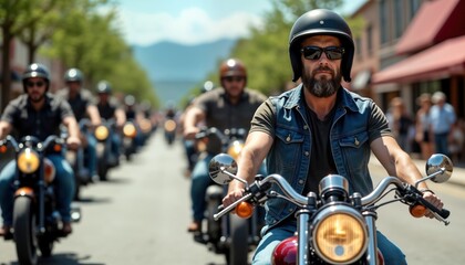 Group of motorcyclists in tour. Riders on vintage bikes. Guides lead historic motorcycles. Nostalgic, preserving heritage. Street scene. Classic motorcycles. Outdoor photo. Community event. Street