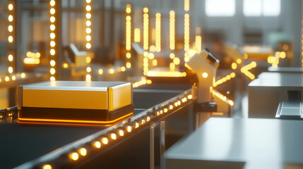 A conceptual 3D rendering of a robot assembly line in a factory, illustrating the automation industry's cutting-edge technology.