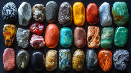 Colorful tumbled stones collection on dark background, ideal for healing crystal therapy or jewelry design