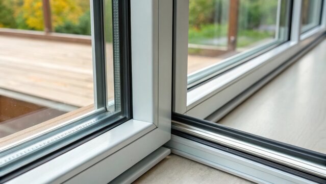An upclose shot of the insulated spacer bar between panes of glass in a dualpane window capturing the sealants glossy texture emphasizing energy efficiency.