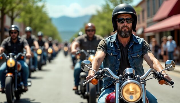 Group of motorcyclists in tour. Riders on vintage bikes. Guides lead historic motorcycles. Nostalgic, preserving heritage. Street scene. Classic motorcycles. Outdoor photo. Community event. Street