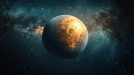 Fototapeta premium Golden celestial body, craters, nebula, stars, cosmic dust, space background.