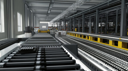 Obraz premium A conceptual 3D rendering of a robot assembly line in a factory, illustrating the automation industry's cutting-edge technology.