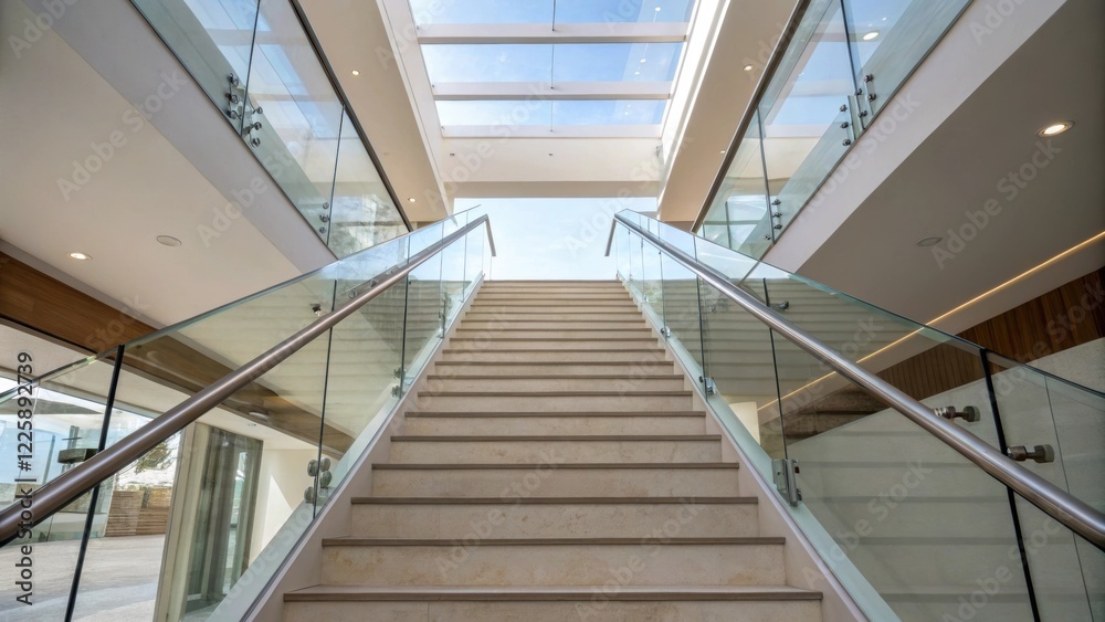 Poster A view from the ground level looking up at the staircase with newly installed glass railings allowing a perspective of the open and airy feel they create in the space.