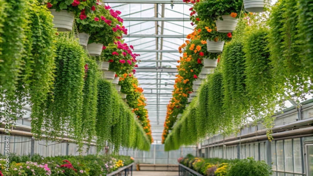 Poster A view of hanging plants cascading down from elevated shelves with a gradient of greens and colorful flowers forming a lush curtain of life inside the greenhouse.
