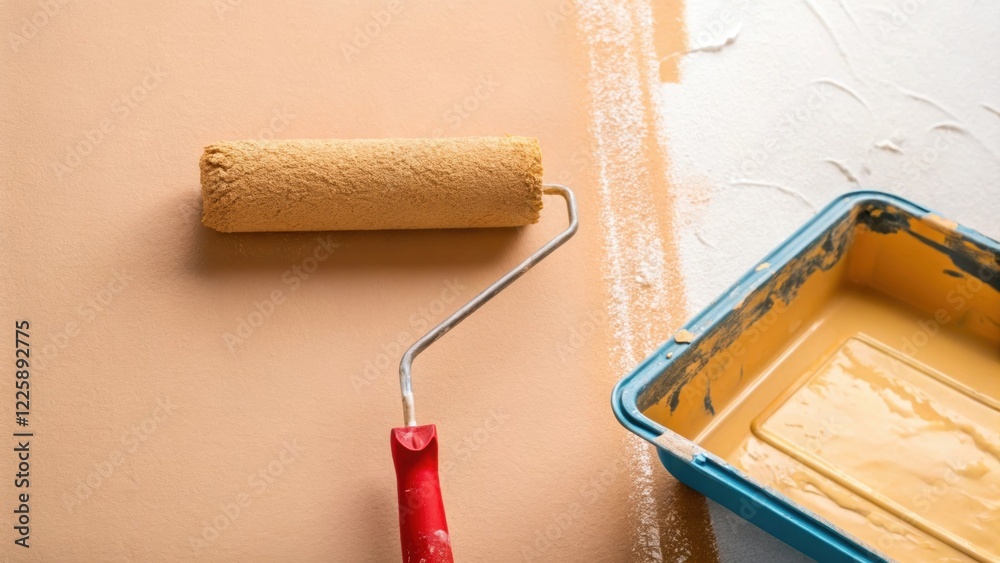 Aufkleber A vividly colored paint roller gliding across a smooth beige wall leaving behind a thick even application of paint with visible texture.