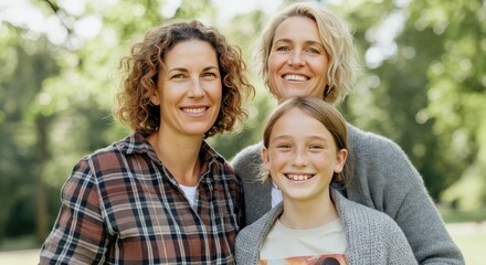 Fototapeta premium Joyful family outdoors - three caucasian females of different generations smiling during summer day
