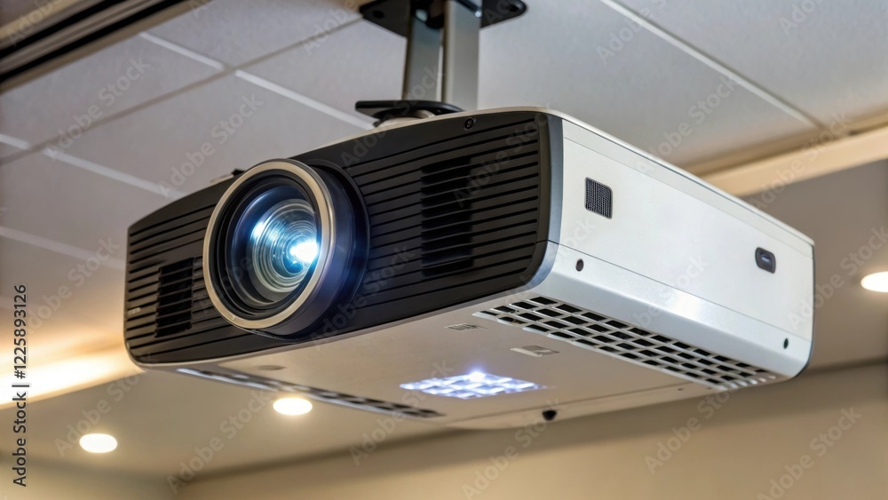 Aufkleber closeup of a digital projector mounted on the ceiling its lens glistening under the bright lights wi