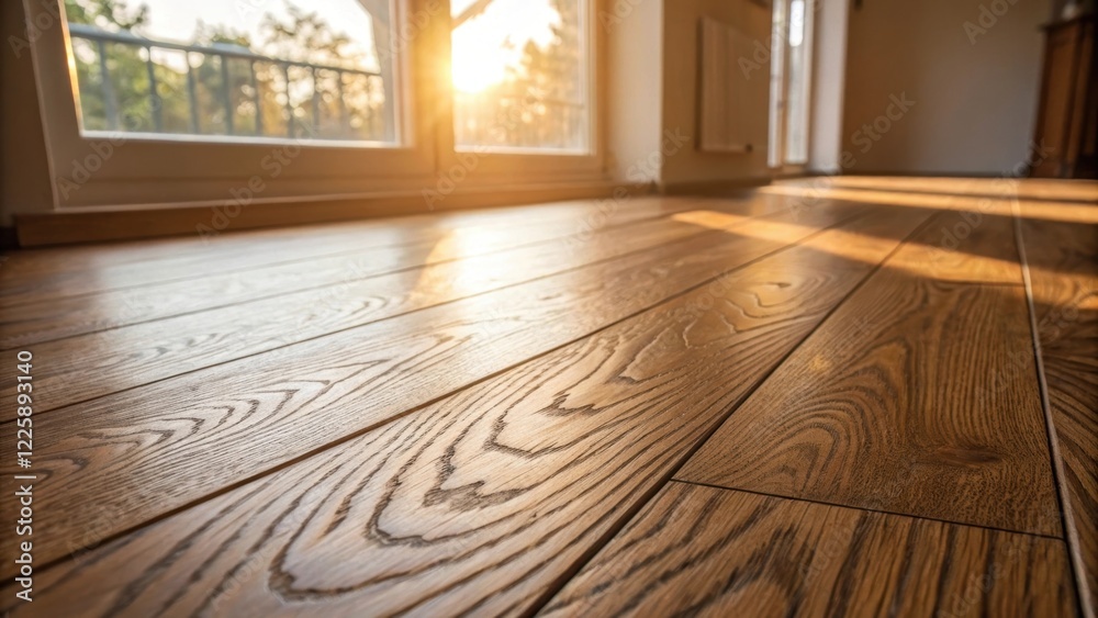 Poster Closeup of a freshly laid wooden floor showing the patterns in the grain and a hint of sunlight streaming through a nearby window illuminating the space.