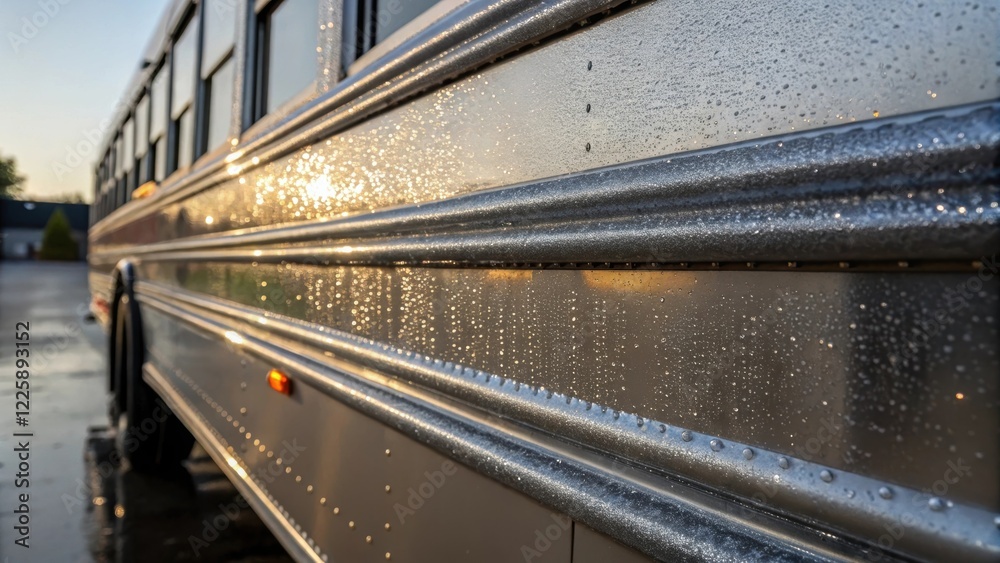 Poster Closeup of a freshly cleaned bus body showcasing the shine and reflections of natural light on the surface with droplets of water still clinging to its edges.