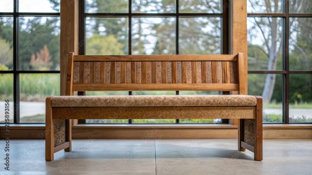Poster closeup of a finished bench made from sustainable materials showcasing craftsmanship and comfort wit