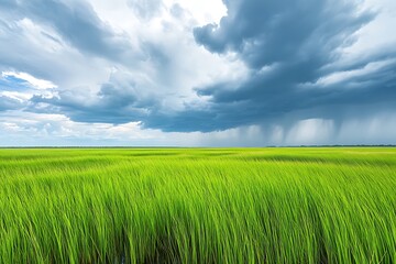 Fototapeta premium An expansive salt marsh under a stormy sky, with vibrant green grasses and distant thunderclouds.