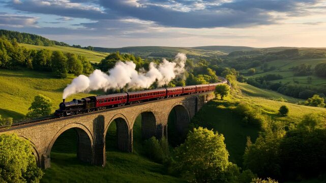 A vintage steam train traverses a scenic bridge over lush green hills at sunset.