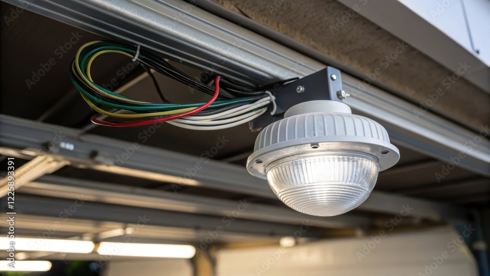 Poster closeup of a motion sensor light fixture glistening under artificial garage lighting with wires neat