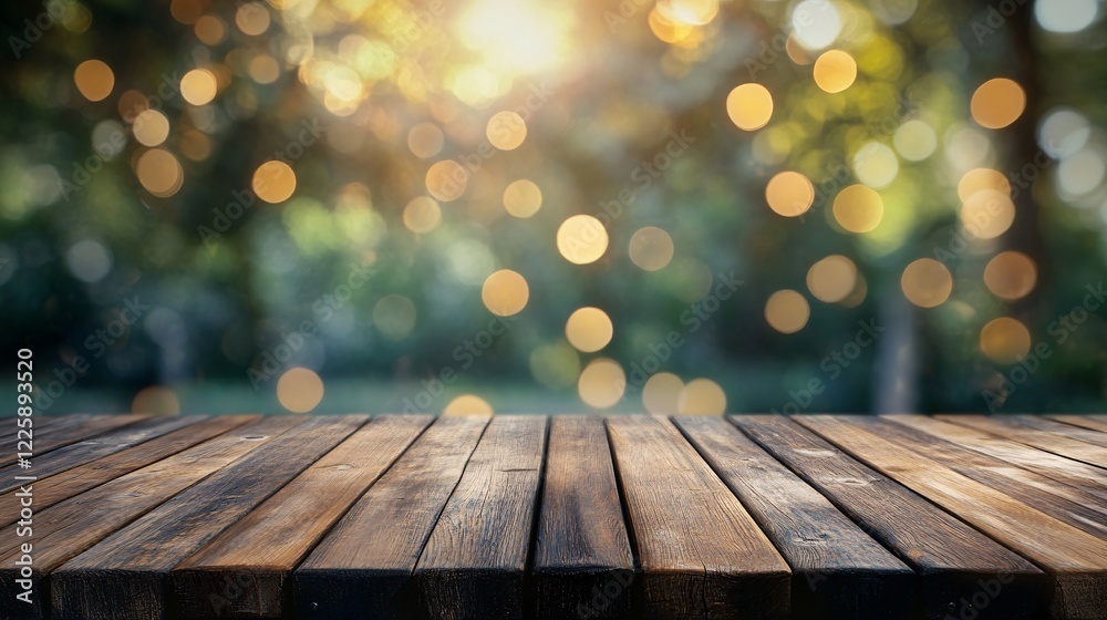 Fototapete empty wooden table top with sparkling lights bokeh background for displaying products