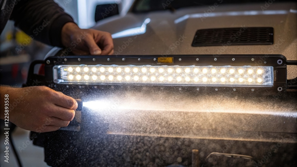 Poster closeup of an led light bar shining brightly as a technician positions it before final adjustments i