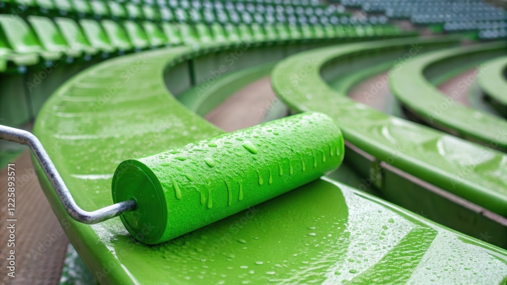Poster closeup of a roller covered in bright green paint leaving a smooth even layer on the curved surface 