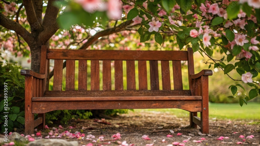 Poster Closeup of a rustcolored wooden bench nestled under a flowering tree offering a peaceful spot for visitors to relax and connect with nature.