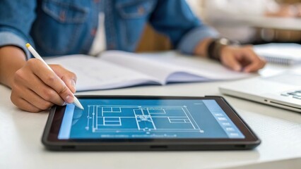 Closeup of an instructors finger pointing to a digital blueprint displayed on a tablet as a student takes notes emphasizing the shift towards digital learning tools in vocational