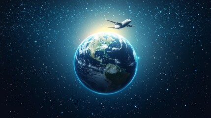 Fototapeta premium Airplane flying around the futuristic Earth globe. Sci-fi map of glowing dots. Hi-tech travel background for your design. Vector illustration. EPS 10