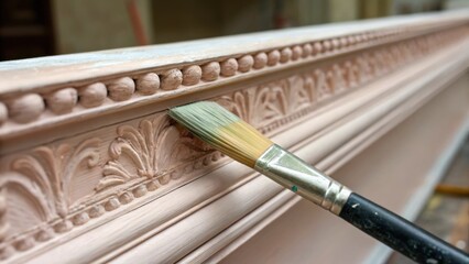 Closeup of a paintbrush dipped in a muted historical color about to touch a detailed cornice illustrating the choice of color preservation in the restoration process.