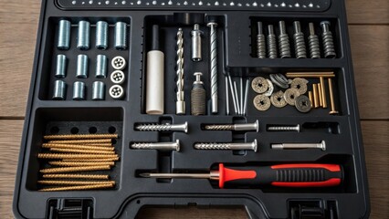 Closeup of an open toolbox revealing an array of hardware and tools key for installing modular furniture showcasing the craftsmanship involved.