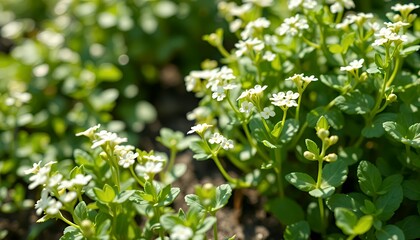 Closeup View of Delicate White Flowers and Lush Green Leaves in Bright Sunlight