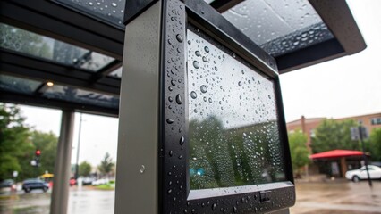 Closeup of a rain droplet on the kiosks screen highlighting the kiosks outdoor placement while showcasing advanced technology designed for all weather conditions.