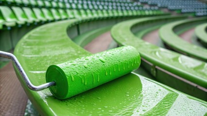 Closeup of a roller covered in bright green paint leaving a smooth even layer on the curved surface of the amphitheater seat droplets of paint glistening in the light.