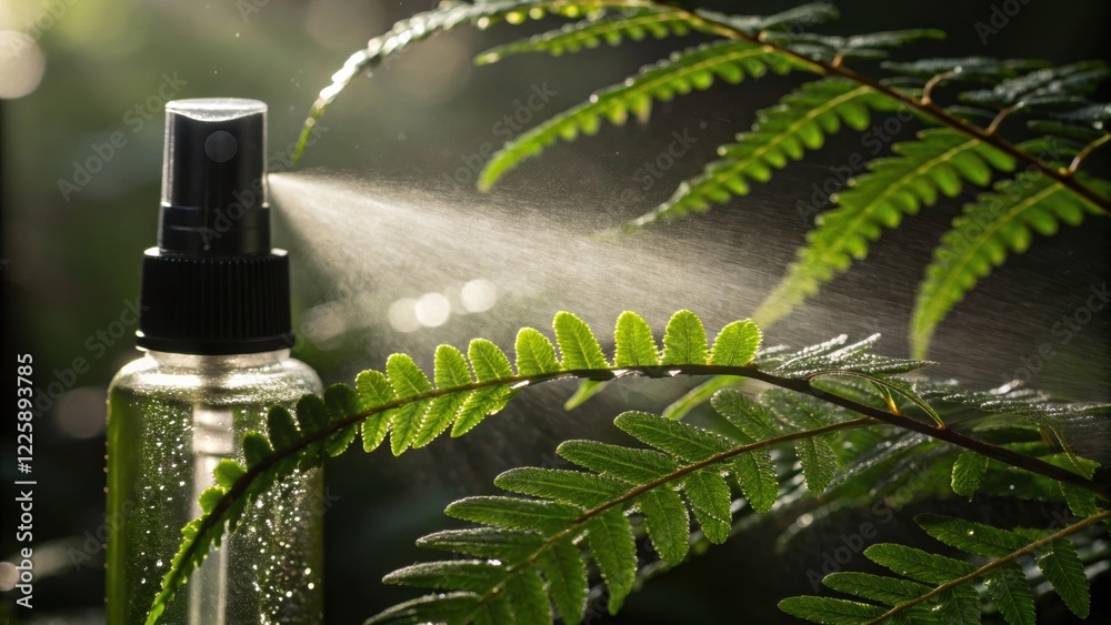 Aufkleber closeup of a spray bottle misting delicate ferns with droplets glistening in the soft light highligh