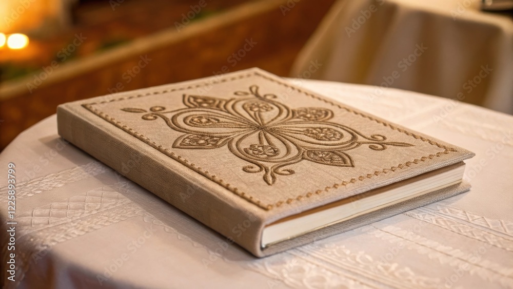 Poster Closeup of a tactile fabric book cover with embroidered art motifs resting on a simply adorned table with a warmtoned background inviting a handson experience.