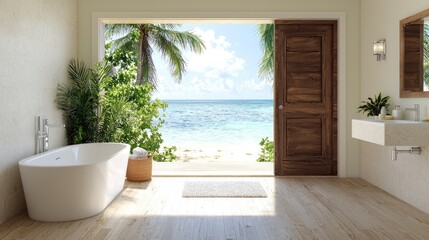 Fototapeta premium Modern luxury bathroom with a freestanding bathtub and open wooden door overlooking a tropical beach with palm trees and turquoise ocean.
