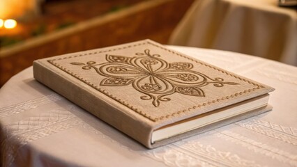 Closeup of a tactile fabric book cover with embroidered art motifs resting on a simply adorned table with a warmtoned background inviting a handson experience.