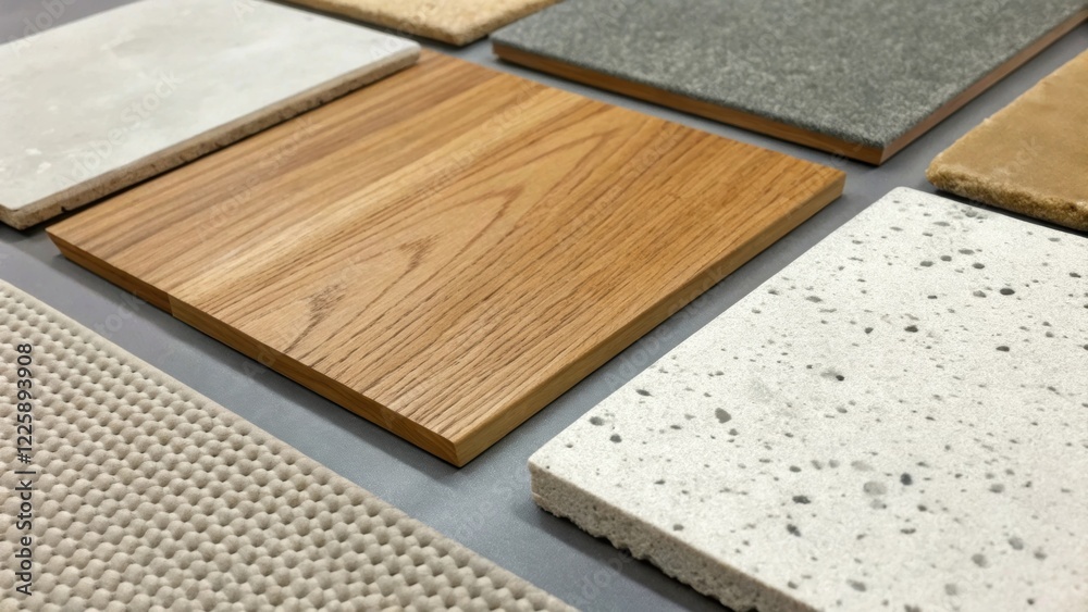 Aufkleber Closeup of a texture sample board displaying various materials such as polished concrete natural wood accents and soft seating fabrics intended for the renovated concourse.