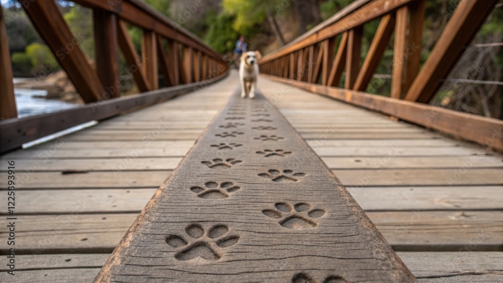 Poster closeup of a textured wooden bridge with paw prints carved on the side showcasing rugged materials t