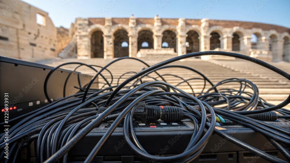Poster closeup of audio cables intricately woven around the amphitheaters stage highlighting the organized 