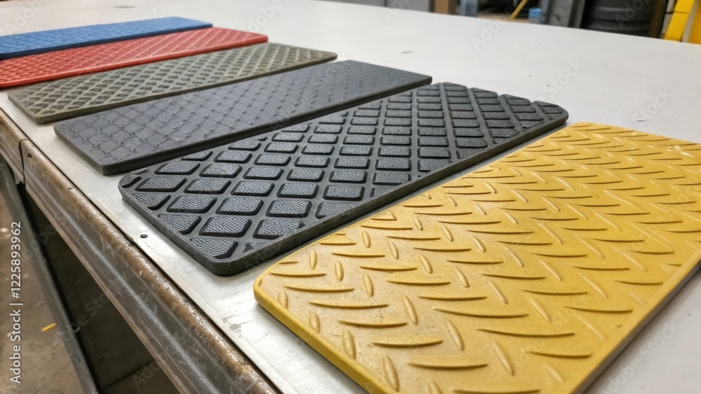Poster Closeup of a variety of slipresistant materials laid out on a workbench including rubber composite and textured paint samples each showcasing unique surface patterns.